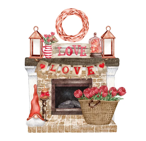 Watercolor Valentines Day Living Room Composition Fireplace Heart Flowers Buntings — Stock Fotó