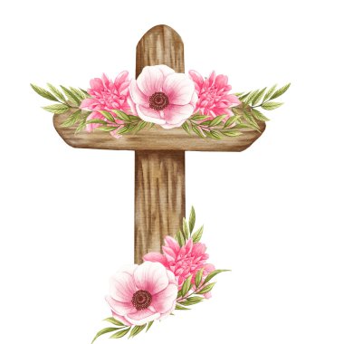 Pembe çiçek haçı. Paskalya illüstrasyonu. Suluboya Düğün Haçı. Vaftiz.