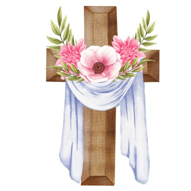 Pembe çiçek haçı. Paskalya illüstrasyonu. Suluboya Düğün Haçı. Vaftiz.