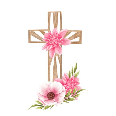 Pembe çiçek haçı. Paskalya illüstrasyonu. Suluboya Düğün Haçı. Vaftiz.