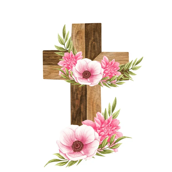 Pink floral cross. Easter illustration. Watercolor Wedding Cross. Baptism.