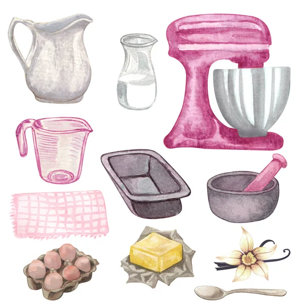 Watercolor Baking Set Kitchen Utensils Mixer Chocolate Potholders Spoon Clay Stock Image