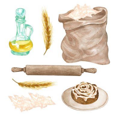 watercolor Baking set with kitchen utensils, chopping board, butter, rolling pin, flour, eggs, blue apron, recepies book, whisk on white background. Cooking clip art. Baking illustration.