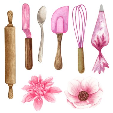 watercolor Baking set with kitchen utensils, mixer, chocolate, potholders, spoon, clay jag, whisk on white background. Cooking clipart. Baking illustration clipart