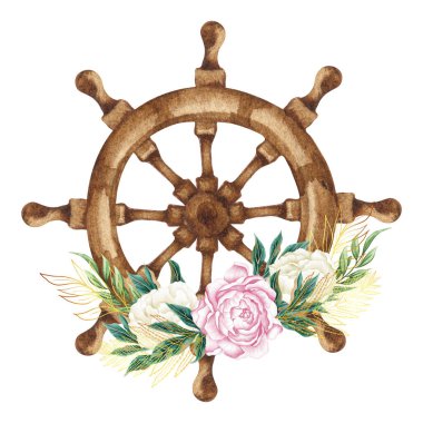 Watercolor hand drawn nautical, marine, pink floral illustration with wooden steering-wheel., rope and flower bouquet