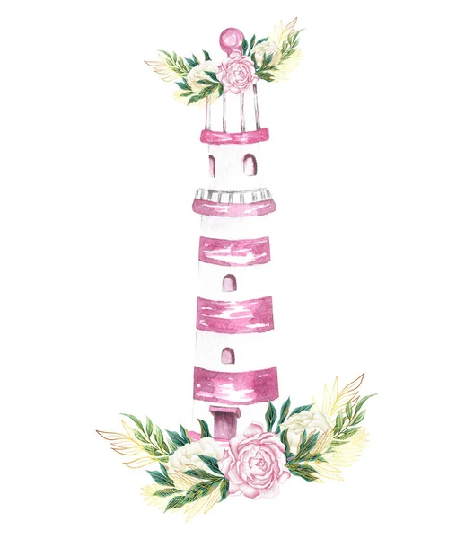 Watercolor hand drawn nautical, marine, pink floral illustration with lighthouse and flower bouquet