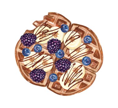 Watercolor hand drawn Belgium waffle isolated elements. Bakery clipart set. Illustration for menu desing. Breakfast