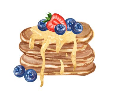 Thin pancakes with sweet maple syrup or honey and fresh raspberries and blueberries. Hand drawn watercolor illustration isolated on white