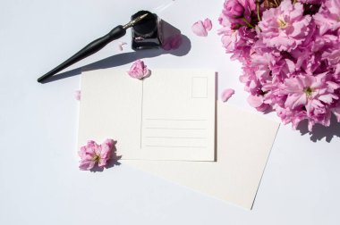 Beyaz arka planda eski mürekkepli kalem ve mürekkep şişesi. Vintage kaligrafi kalemi ve bir şişe mürekkep. Seçici odak. Arka planda ihale pembe çiçekler. Siyah mürekkep ve kartpostal ile kiraz çiçeği dal. Mockup