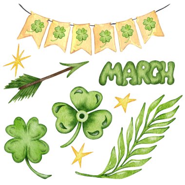 Yeşil yonca yaprağı, ok, kiraz kuşu ve yıldızlarla Aziz Patrick Günü 'ne ayarlandı. Suluboya el çizimi. beyaz izole arkaplan