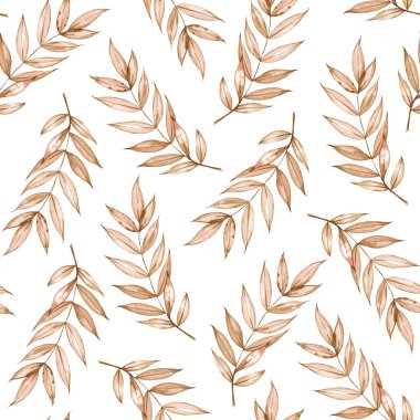 Suluboya desensiz kuru dal ve yapraklar. Elle boyanmış bohem yaprakları. Tasarım, baskı, kumaş veya arkaplan için çiçek arkaplanı.