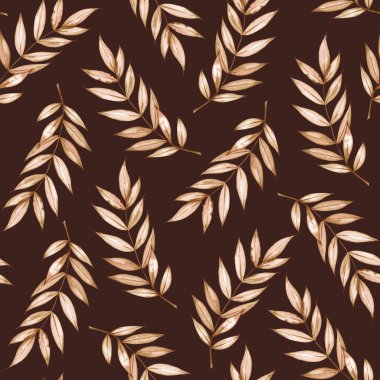 Suluboya desensiz kuru dal ve yapraklar. Elle boyanmış bohem yaprakları. Tasarım, baskı, kumaş veya arkaplan için çiçek arkaplanı.