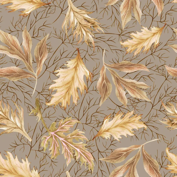 水彩画无缝图案干枝条和叶子 手绘Boho叶 用于设计 面料或背景的花卉背景 — 图库照片