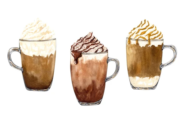 Suluboya Kahve Seti Kapuçino Latte Karamel Kahve Frappe Beyaz Arka — Stok fotoğraf