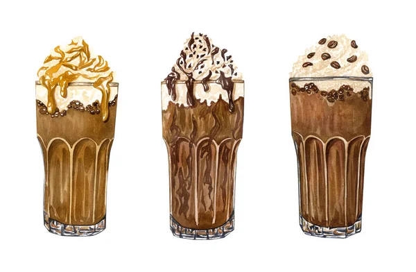 Akvarell Kávé Készlet Cappuccino Latte Karamell Kávé Frappe Fehér Alapon — Stock Fotó
