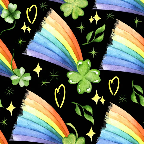 Watercolor Patrick Day Seamless Pattern Clover Rainbow Coins Shamrock Irish — Stock Photo, Image