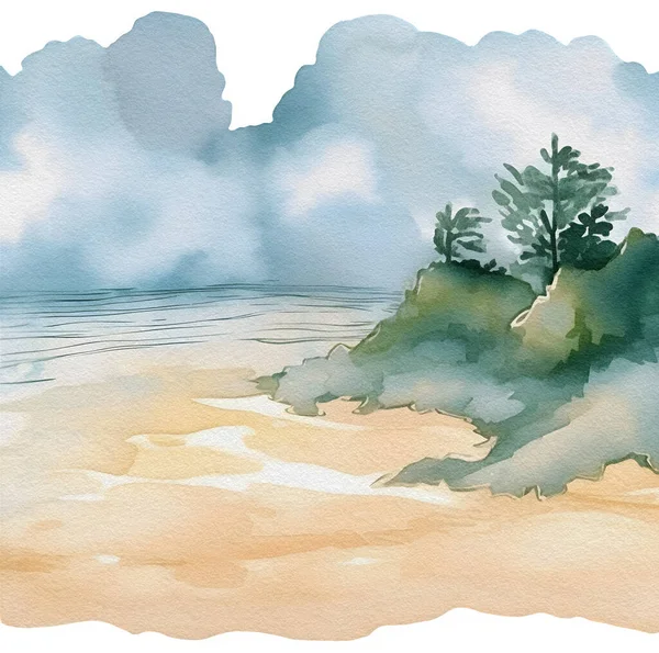 Illustrazione Ladscape Spiaggia Acquerello Spiaggia Estiva Con Sabbia Dorata Onda — Foto Stock