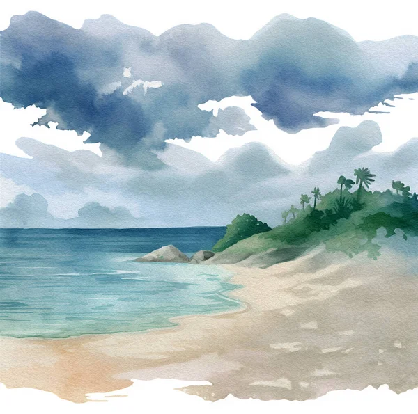 Watercolor Beach Ladscape Illustration Summer Beach Golden Sand Wave Seascape — Stock Photo, Image