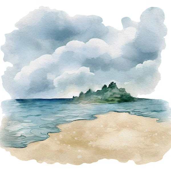 Aquarel Strand Ladscape Illustratie Zomerstrand Met Goudkleurig Zand Golf Zeegezicht Rechtenvrije Stockfoto's