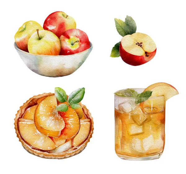 Apple Harvest set. Apple cider, juice, jam, red apples. Watercolor hand drawn illustration, isolated on white.