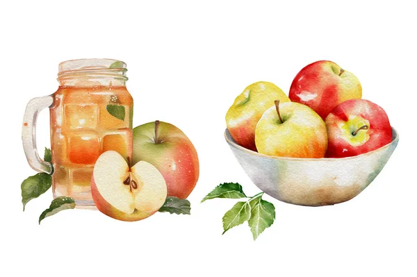 Apple Harvest set. Apple cider, juice, jam, pie, red apples. Watercolor fall illustration, isolated on white.