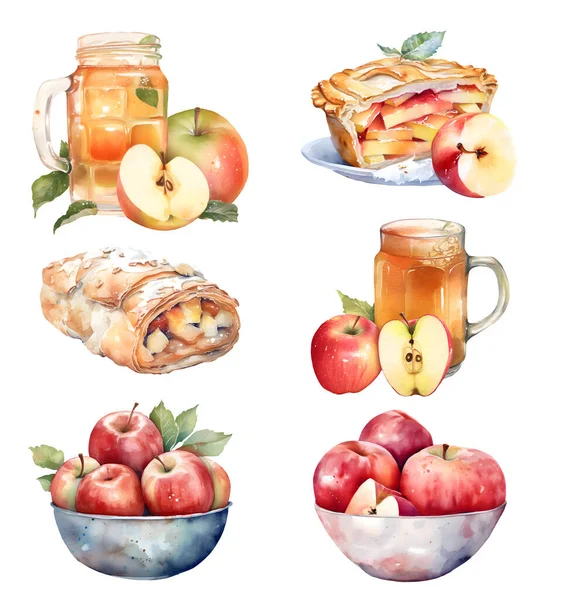 Apple Harvest set. Apple cider, juice, jam, pie, red apples. Watercolor fall illustration, isolated on white.