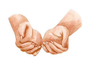 Suluboya eller çizimi. El ele tutuşmak. Umut kavramı. Yardım konsepti. Anne ve bebek.