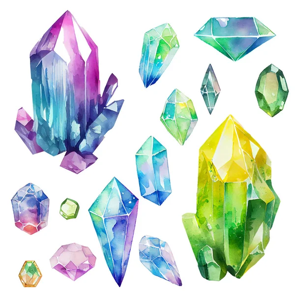Collezione Watercolor Gems Cristalli Semipreziosi Illustrazione Mistica Isolata Sfondo Bianco — Foto Stock