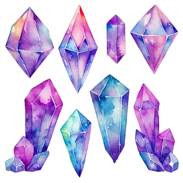Watercolor Gems Collection Semiprecious Crystals Mystical Illustration Isolated White Background Royalty Free Stock Images