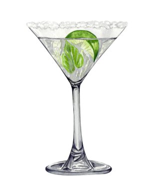 Yaz taze Margarita kokteylinin elle çizilmiş suluboya çizimi. Beyaz arkaplanda izole edilmiş.