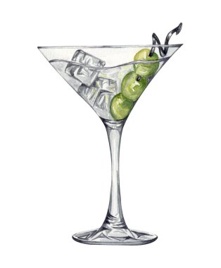 El yapımı suluboya çizimi. Yeşil zeytinli martini. Ayrı bir alkol kokteyli.