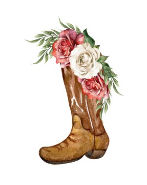 Botlu suluboya çiçekler. Kovboy çizmeleri ve çiçekler. Çiftlik evi ructick düğünü. Batı Clipart.