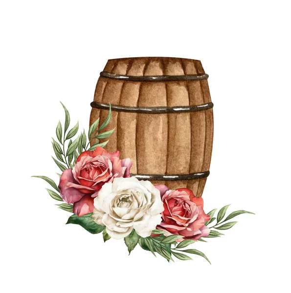 Watercolor Floral Wooden Barrel Red Roses Flowers Farmhouse Ructick Wedding — Stock Photo, Image