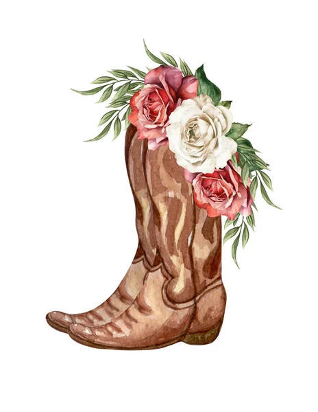 Watercolor Flowers Boots Cowboy Boots Flowers Farmhouse Ructick Wedding Western — Stock Photo, Image
