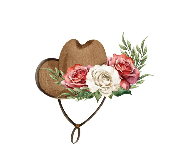 Çiçekli Şapkalı Suluboya Batı Şapkası Çiçekleri Çiftlik Evi Şamatası Düğünü - Stok İmaj