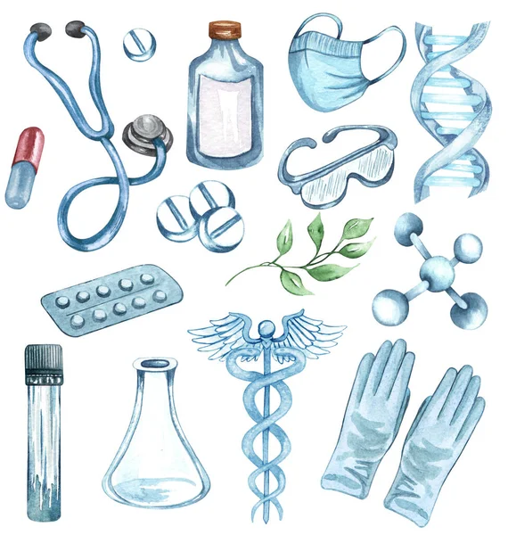 Watercolor Set Medicine Healthcare Objects Medical Tools Pills Stethoscope Syringe — Stock Photo, Image