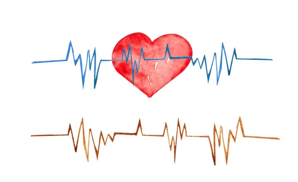 Línea Heartbeat Acuarela Con Corazón Rojo Cardiograma Azul —  Fotos de Stock