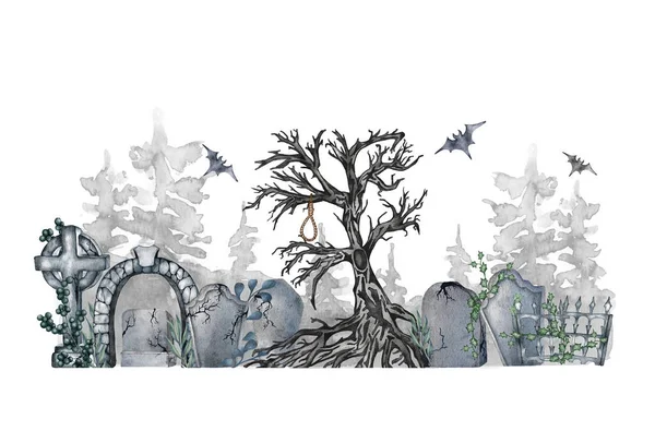Акварель Хеллоуїн Ручний Розпис Кладовища Надгробками Кажанами Місяцем Ізольовано Білому — стокове фото