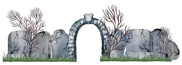Akvarel Halloween Ručně Malované Hřbitov Náhrobkem Netopýři Měsíc Izolované Bílém — Stock fotografie
