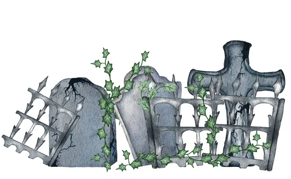 水彩ハロウィン 白い背景に孤立した墓石 コウモリ 月と手で墓地を描いた デザインや背景のための休日の印刷 — ストック写真