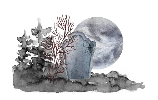 Aquarel Halloween Handbeschilderd Kerkhof Met Grafsteen Vleermuizen Maan Geïsoleerd Witte Stockfoto
