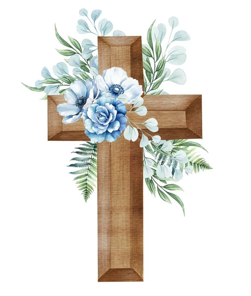 Kwiatowy Krzyż Odizolowany Białym Drewniany Krzyż Niebieskimi Kwiatami Paprocią Gałązkami — Zdjęcie stockowe