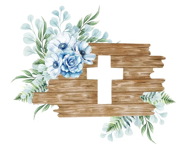 Květinový Kříž Izolovaný Bílém Dřevěný Kříž Modrými Květy Kapradinami Eukalyptovými — Stock fotografie