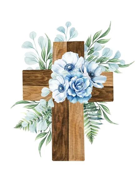 Floral cross isolated on white. Wooden cross with blue flowers, fern, eucalyptus twigs. Baptism ceremony
