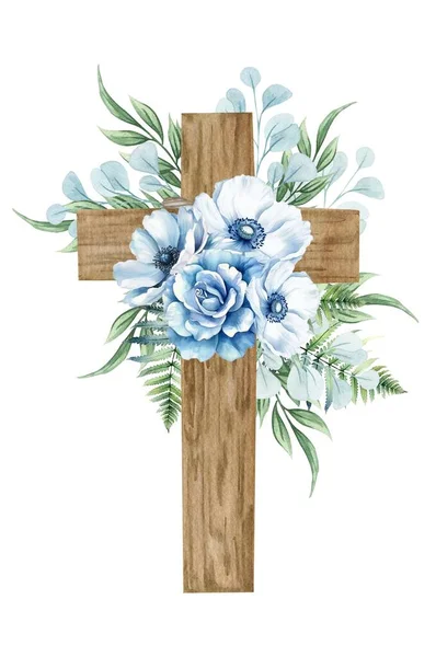 Floral cross isolated on white. Wooden cross with blue flowers, fern, eucalyptus twigs. Baptism ceremony