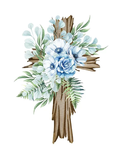 Cruz Floral Isolada Sobre Branco Cruz Madeira Com Flores Azuis — Fotografia de Stock