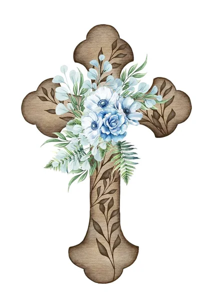 Croix Florale Isolée Sur Blanc Croix Bois Avec Fleurs Bleues — Photo
