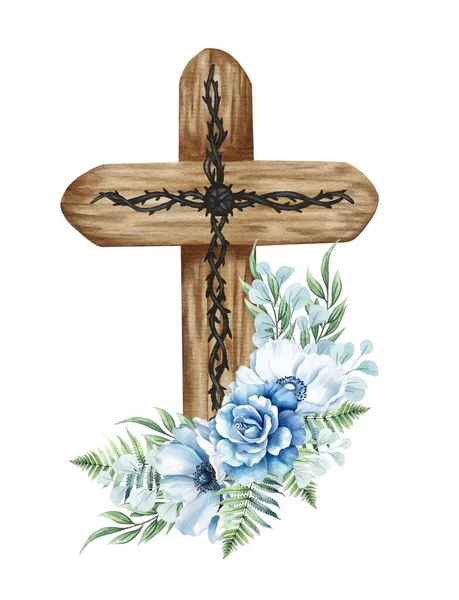 白で孤立した花の十字架 木製のクロスブルーの花 フェルン ユーカリのツイッグ バプテスマ — ストック写真