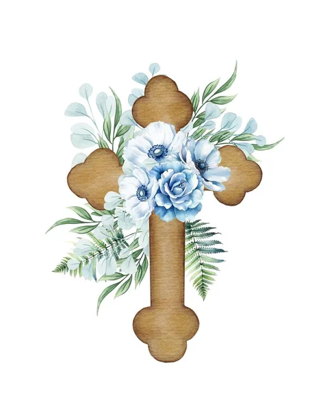 Cruz Floral Isolada Sobre Branco Cruz Madeira Com Flores Azuis — Fotografia de Stock