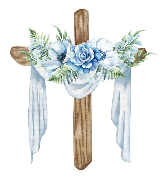 Cruz Floral Aislada Sobre Blanco Cruz Madera Con Flores Azules — Foto de Stock